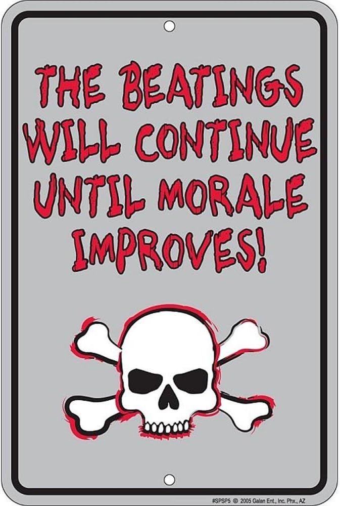 Signs 4 Fun Decorative Parking Sign | Beatings Will Continue | 8 x 12 | Embossed Aluminum Sign | Made in the USA | SPSP5