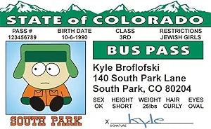 Signs 4 Fun Parody ID | South Park - Kyle Buss Pass | Fake ID Novelty Card | Collectible Trading Card Buss Pass | Novelty Gift for Holidays | Made in The USA
