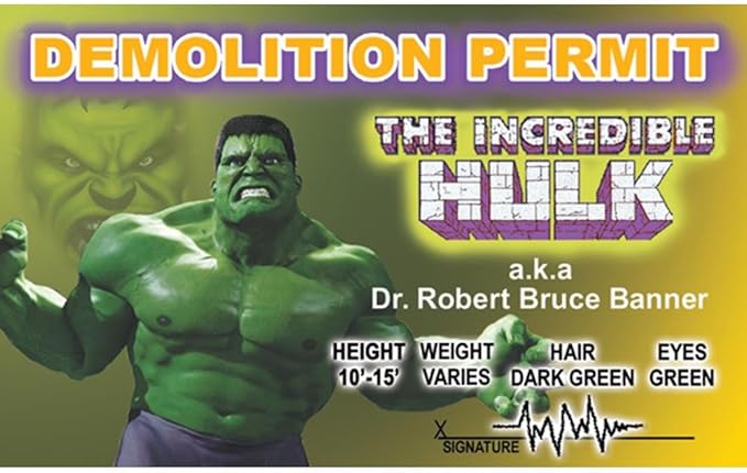 Signs 4 Fun Parody Driver’s License | Hulk ID | Fake ID Novelty Card | Collectible Trading Card Driver’s License | Novelty Gift for Holidays | Made in The USA