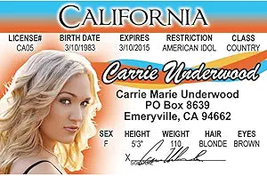 Signs 4 Fun Parody ID | Carrie Underwood Driver’s License | Fake ID Novelty Card | Collectible Trading Card Driver’s License | Novelty Gift for Holidays | Made in The USA