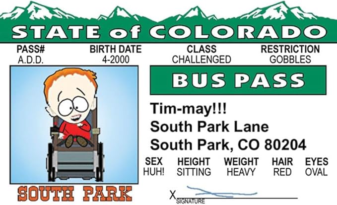 Signs 4 Fun Parody ID - S. Park - Timmy Buss Pass - Fake ID Novelty Card - Collectible Trading Card Buss Pass - Novelty Gift for Holidays - Made in The USA