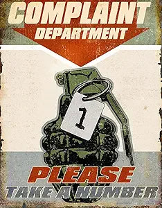 Desperate Enterprises Complaint Department - Please Take A Number Tin Sign - Nostalgic Vintage Metal Wall Décor - Made in USA