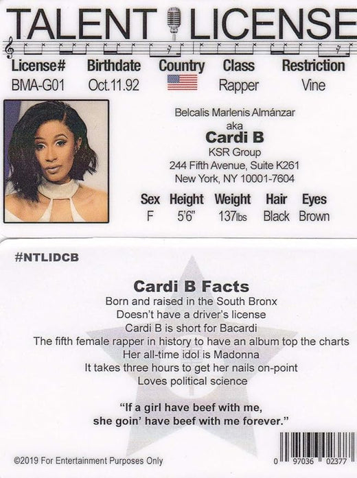 Signs 4 Fun Parody ID | Cardi B Driver’s License | Fake ID Novelty Card | Collectible Trading Card Driver’s License | Novelty Gift for Holidays | Made in The USA