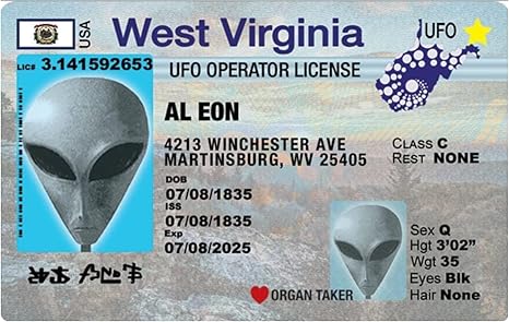 Signs 4 Fun Parody Driver’s License | West Virginia Alien ID | Fake ID Novelty Card | Collectible Trading Card Driver’s License | Novelty Gift for Holidays | Made in The USA