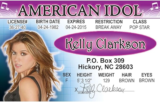 Signs 4 Fun Parody Driver’s License | Kelly Clarkson ID | Fake ID Novelty Card | Collectible Trading Card Driver’s License | Novelty Gift for Holidays | Made in The USA