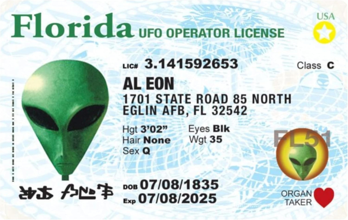 Signs 4 Fun Parody Driver s License | Florida Alien ID | Fake ID Novelty Card | Collectible Trading Card Driver s License | Novelty Gift for Holidays | Made in the USA