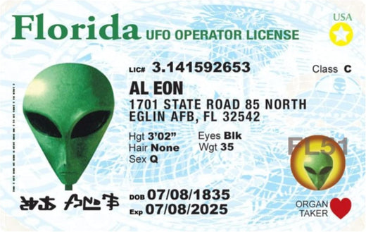 Signs 4 Fun Parody Driver s License | Florida Alien ID | Fake ID Novelty Card | Collectible Trading Card Driver s License | Novelty Gift for Holidays | Made in the USA