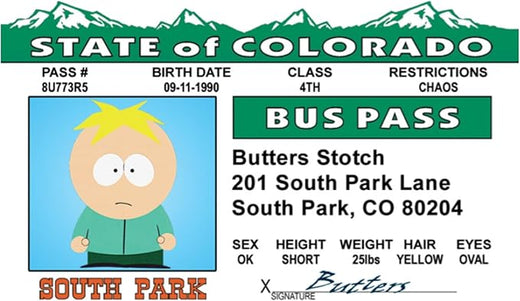 Signs 4 Fun Parody Driver’s License | Butters Bus Pass ID | Fake ID Novelty Card | Collectible Trading Card Driver’s License | Novelty Gift for Holidays | Made in the USA