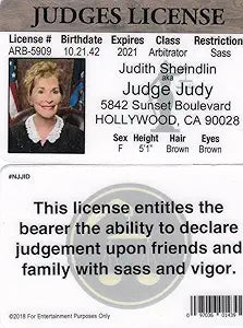 Signs 4 Fun Parody Driver’s License | Judge Judy ID | Fake ID Novelty Card | Collectible Trading Card Driver’s License | Novelty Gift for Holidays | Made in The USA