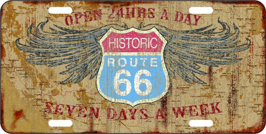 Signs 4 Fun Parody License Plate | Route 66 Open 24 Hours | 12 x 6 Decorative License Plate | Decoration Plate for Vehicle/Wall | Man Cave Decorations | Made in The USA