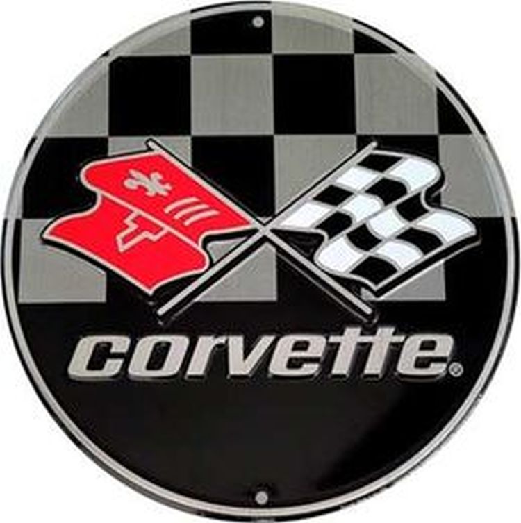 Signs 4 Fun Large Round Sign | Corvette Checkered Flag Sign | 24 Diameter | Embossed Aluminum Sign | Made in the USA