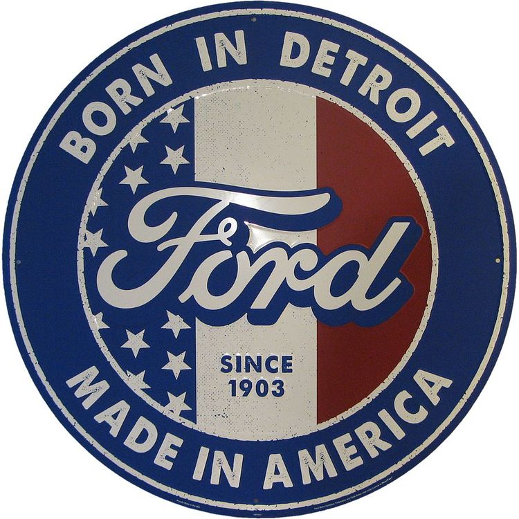 Signs 4 Fun Ford Born in Detroit 24' Diameter Embossed Aluminum Classic Blue, Silver Decorative Sign