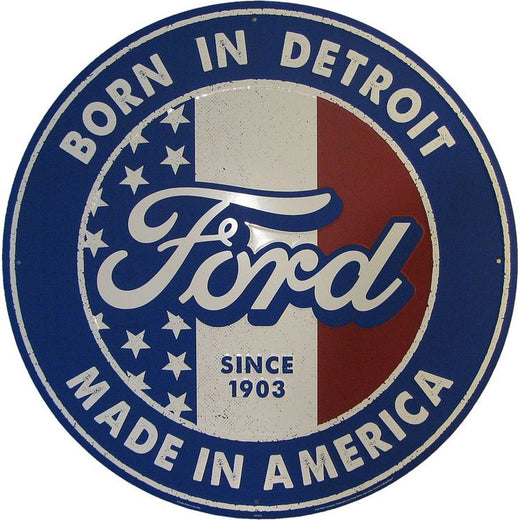 Signs 4 Fun Ford Born in Detroit 24' Diameter Embossed Aluminum Classic Blue, Silver Decorative Sign