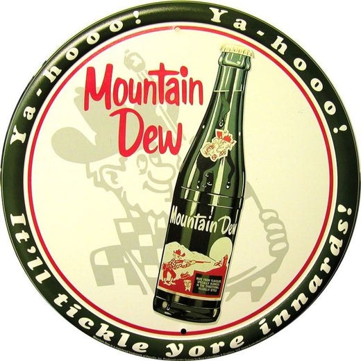 Signs 4 Fun Large Round Sign | Mountain Dew Sign | 24” Diameter | Embossed Aluminum Sign | Made in the USA