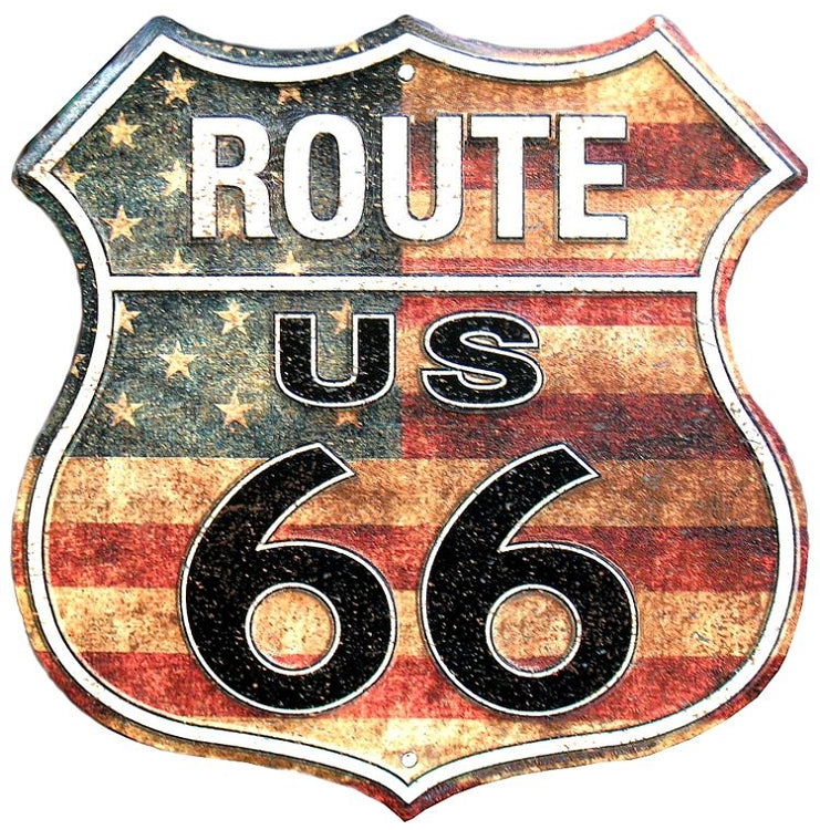 Signs 4 Fun Shield Sign | Route 66 US Flag Shield Sign | 11” x 11.5” | Embossed Aluminum Sign | Made in the USA
