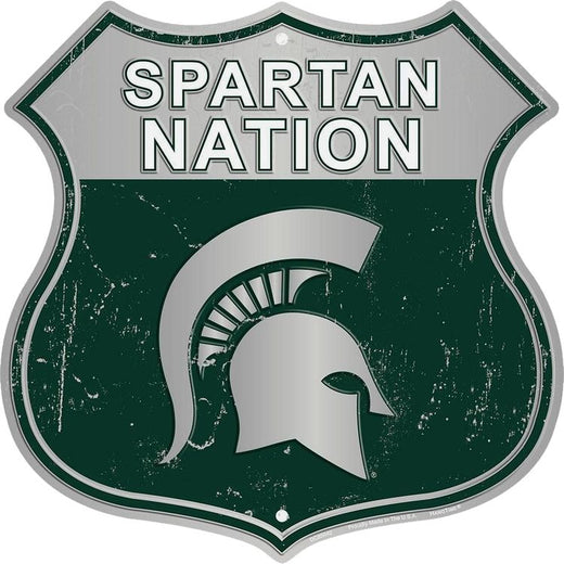 Signs 4 Fun Shield Sign | Michigan State Spartan Nation Shield Sign | 12 x 12 | Embossed Aluminum Sign | Made in the USA