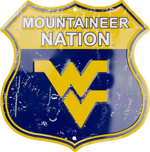 Signs 4 Fun Shield Sign | West Virginia Mountaineer Nation Shield Sign | 12” x 12” | Embossed Aluminum Sign | Made in the USA