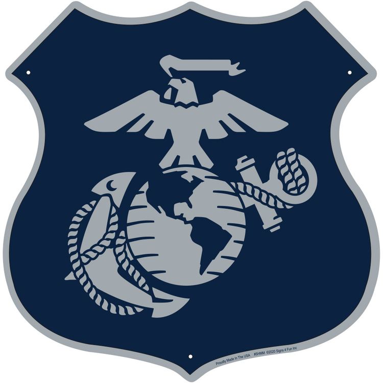 Signs 4 Fun Shield Sign | Marines Silver Emblem Shield Sign | 11 x 11.5 | Embossed Aluminum Sign | Made in the USA