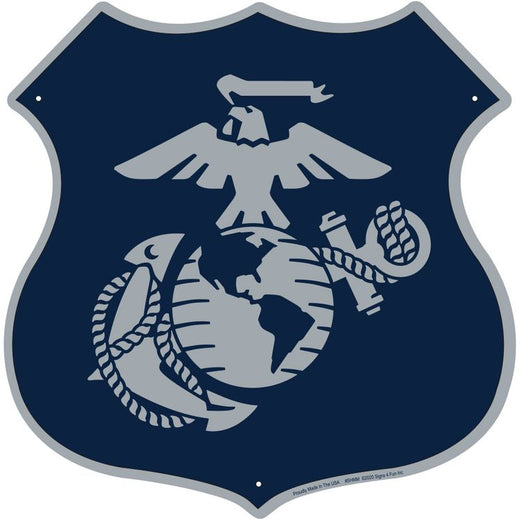 Signs 4 Fun Shield Sign | Marines Silver Emblem Shield Sign | 11 x 11.5 | Embossed Aluminum Sign | Made in the USA