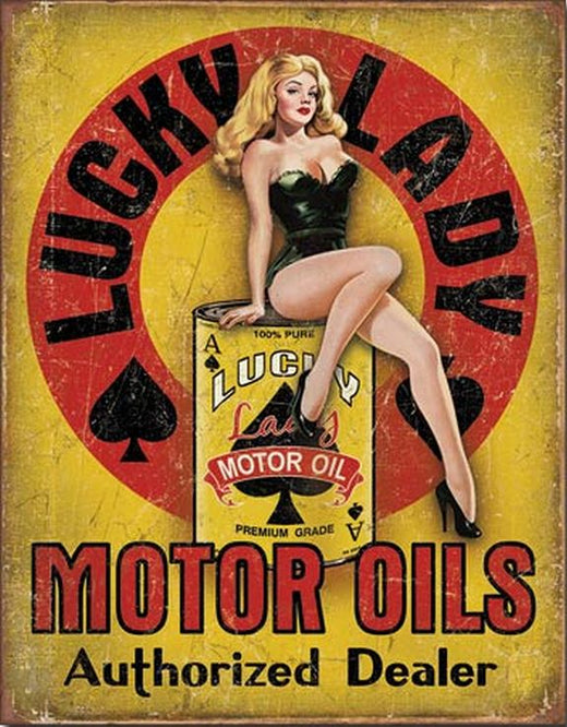 Desperate Enterprises Lucky Lady Motor Oil Tin Sign, 12.5"W x 16"H