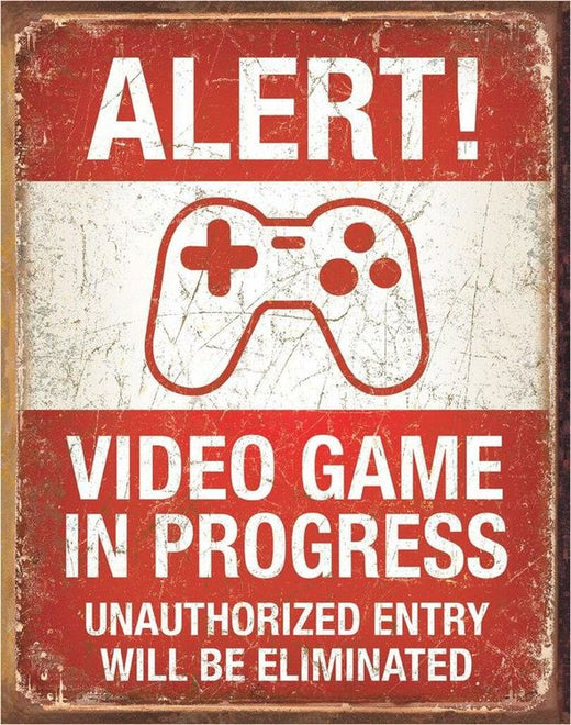 Desperate Enterprises Alert! Video Game in Progress Tin Sign - Nostalgic Vintage Metal Wall Decor - Made in USA