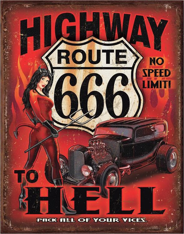 Desperate Enterprises Route 666 - Highway to Hell Tin Sign - Nostalgic Vintage Metal Wall Decor - Made in USA - 12.5" W x 16" H