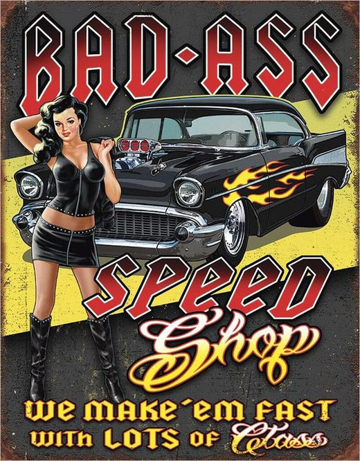 Desperate Enterprises Bad Ass Speed Shop Tin Sign - Nostalgic Vintage Metal Wall Decor - Made in USA