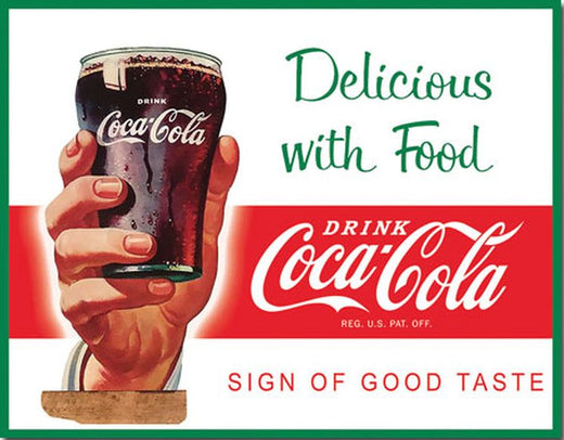 Desperate Enterprises Delicious with Food - Coca-Cola Tin Sign - Nostalgic Vintage Metal Wall Decor - Made in USA