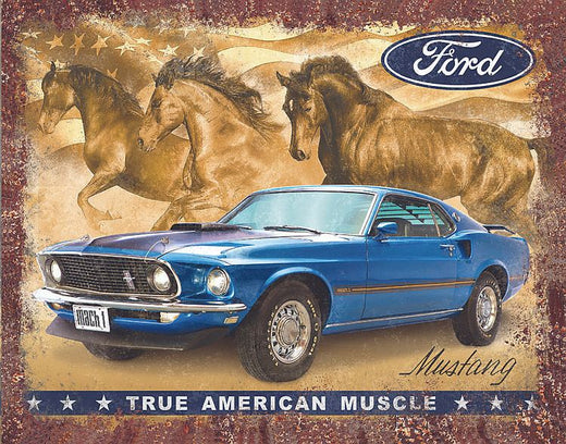 Desperate Enterprises Ford Mustang Flag True American Muscle Tin Sign - Nostalgic Vintage Metal Wall D cor - Made in USA