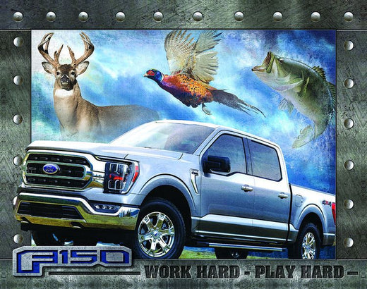 Desperate Enterprises Ford F150 Word Hard Play Hard Tin Sign - Nostalgic Vintage Metal Wall D cor - Made in USA - 16"W x 12.5"H