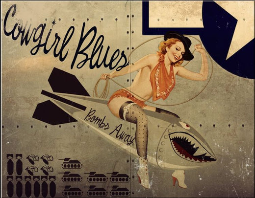 Desperate Enterprises Cowgirl Blues Tin Sign - Nostalgic Metal Wall Decor - Vintage Pinup Girl - Made in USA