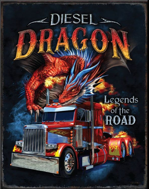 Desperate Enterprises Diesel Dragon Legends of the Road Tin Sign - Nostalgic Vintage Metal Wall Decor - Made in USA