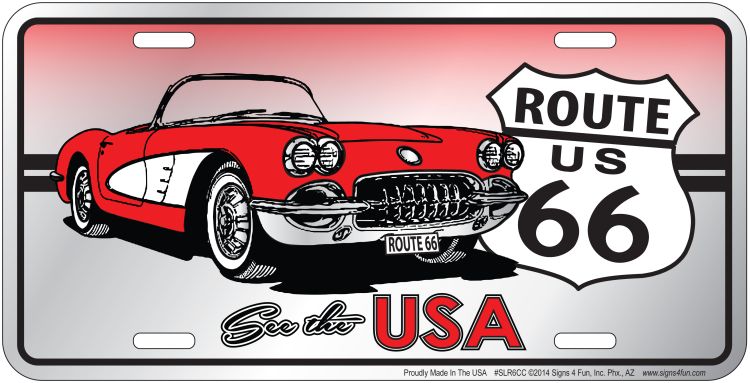Signs 4 Fun Parody License Plate | Route 66 See The USA Corvette | 12 x 6 Decorative License Plate Wall Decor - Decoration Plate Man Cave + Garage - Made in The USA
