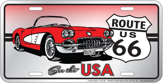 Signs 4 Fun Parody License Plate | Route 66 See The USA Corvette | 12 x 6 Decorative License Plate Wall Decor - Decoration Plate Man Cave + Garage - Made in The USA