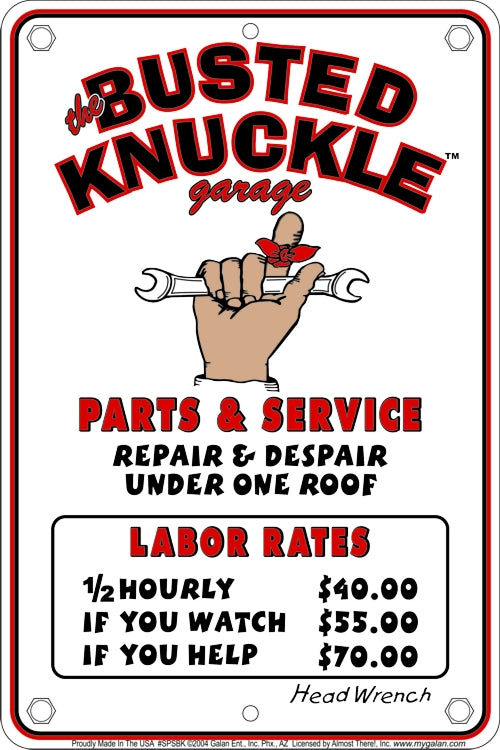 Signs 4 Fun Decorative Parking Sign | Busted Knuckle | 8” x 12” | Embossed Aluminum Sign | Made in the USA | SPSBK
