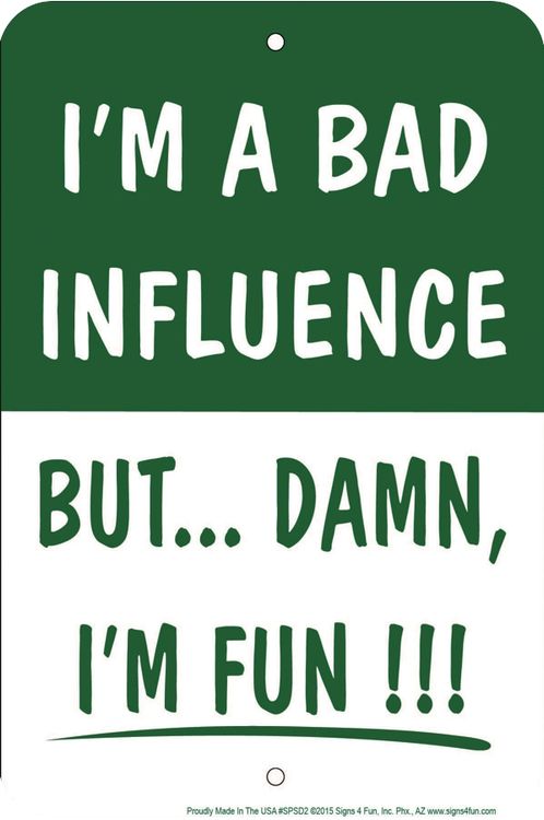 Signs 4 Fun Decorative Parking Sign | Bad Influence | 8 x 12 | Embossed Aluminum Sign | Made in the USA | SPSD2
