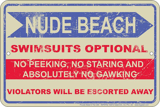 Signs 4 Fun Decorative Parking Sign | Nude Beach | 8” x 12” | Embossed Aluminum Sign | Made in the USA | SPSFN2