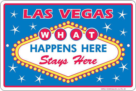 Signs 4 Fun Decorative Parking Sign | Las Vegas What Happens | 8” x 12” | Embossed Aluminum Sign | Made in the USA | SPSLV