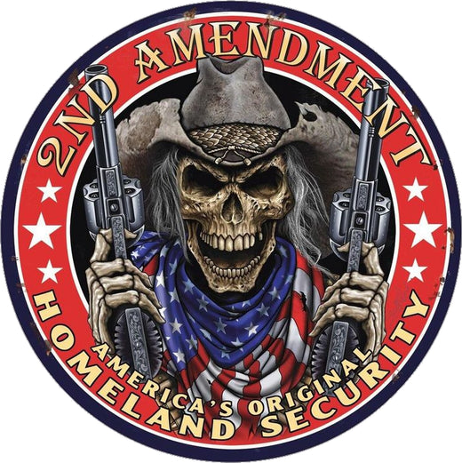 Desperate Enterprises 2nd Amendment America's Original Homeland Security Round Aluminum Sign with Embossed Edge, Nostalgic Vintage Metal Wall D cor - Made in USA