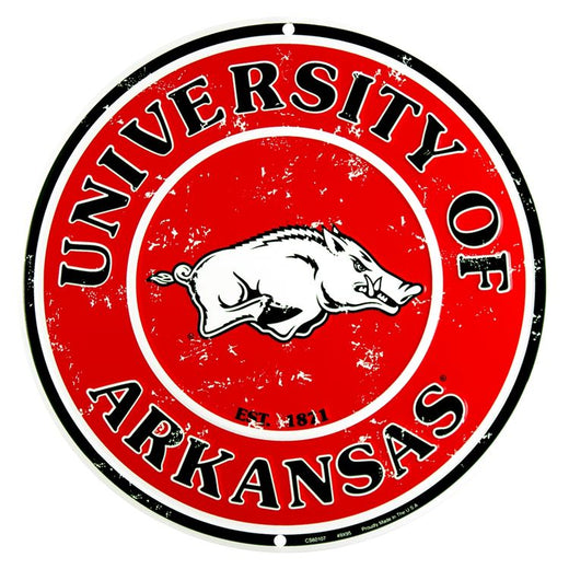 Signs 4 Fun Round Sign | SR60107 Univ of AR Razorbacks | 12 Diameter | Embossed Aluminum Sign | Made in the USA