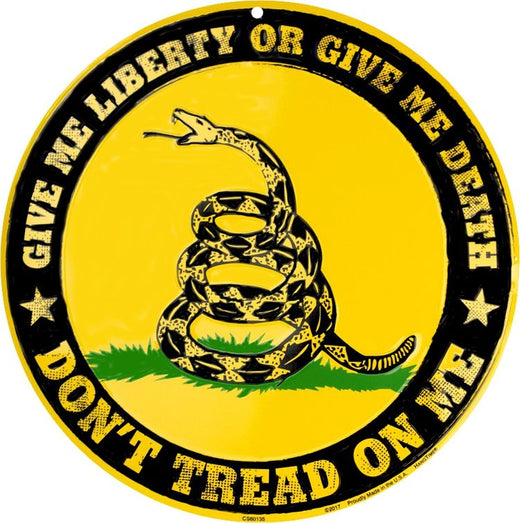 Signs 4 Fun Round Sign | Don t Tread on Me Yellow Sign | 12 Diameter | Embossed Aluminum Sign | Made in the USA
