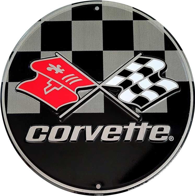 Signs 4 Fun Round Sign | Chevy Corvette Checkered | 12 Diameter | Embossed Aluminum Sign | Made in the USA
