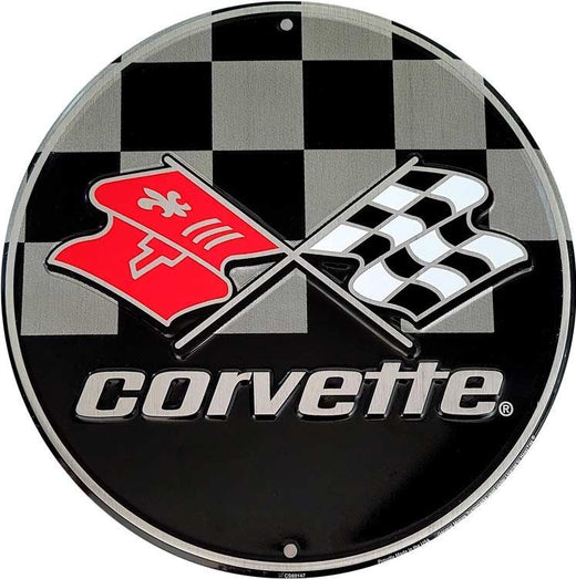 Signs 4 Fun Round Sign | Chevy Corvette Checkered | 12 Diameter | Embossed Aluminum Sign | Made in the USA