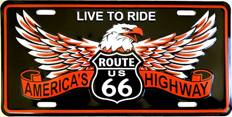 Signs 4 Fun Parody License Plate - Route 66 Live to Ride Eagle - 12” x 6” Decorative License Plate Wall Decor - Decoration Plate Man Cave + Garage - Made in The USA